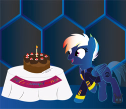 Size: 2931x2556 | Tagged: safe, artist:wheatley r.h., oc, oc only, oc:nifarergy, species:pony, birthday, birthday cake, cake, card, clothing, colored wings, cutie mark, female, food, gift art, gradient background, gradient hair, gradient wings, happy, hexagon, jacket, mare, multicolored hair, pegasus oc, pegasus wings, pink eyes, portal (valve), portal cake, single panel, smiling, spanish text, table, tablecloth, the cake is a lie, transparent tail, vector, watermark, wings