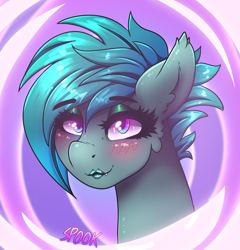 Size: 1956x2034 | Tagged: safe, artist:aaa-its-spook, oc, oc:dicey, species:bat pony, species:pony, blushing, eyeshadow, female, glowing eyes, lipstick, makeup, solo