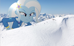Size: 1600x1000 | Tagged: safe, artist:greenmachine987, artist:somerandomminion, edit, character:trixie, species:pony, g4, my little pony: equestria girls, my little pony:equestria girls, equestria girls in real life, female, giantess, irl, looking down, looming, macro, mountain, photo, photoshop, ponies in real life, smiling, smirk, snow, snowboard, story in the source, vector, vector edit
