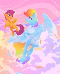 Size: 1083x1350 | Tagged: safe, artist:rossignolet, character:rainbow dash, character:scootaloo, species:pegasus, species:pony, belly fluff, cheek fluff, chest fluff, cloud, cute, duo, ear fluff, eye contact, feather, female, filly, floppy ears, fluffy, flying, gradient eyes, happy, hoof fluff, leg fluff, looking at each other, mare, neck fluff, no pupils, scootaloo can fly, shiny, sky, smiling, spread wings, starry eyes, unshorn fetlocks, wing fluff, wingding eyes, wings
