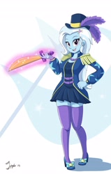 Size: 2602x4096 | Tagged: safe, artist:jeglegator, character:trixie, episode:street magic with trixie, g4, my little pony: equestria girls, my little pony:equestria girls, spoiler:eqg series (season 2), clothing, cute, cutie mark background, diatrixes, epaulettes, female, glowing hands, hat, legs, miniskirt, skirt, socks, solo, sword, thigh highs, top hat, weapon, zettai ryouiki