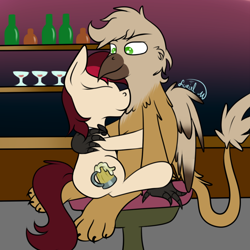 Size: 800x800 | Tagged: safe, artist:luriel maelstrom, oc, oc only, oc:appleale, oc:steelwinghollowtooth, species:griffon, species:pony, bottle, chair, claws, glass, interspecies, nuzzling, paws, signature, simple background, sitting, snuggling