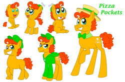 Size: 1024x674 | Tagged: safe, artist:crazynutbob, oc, oc:pizza pockets, parent:cheese sandwich, parent:pinkie pie, parents:cheesepie, species:pony, adult, baby, boater hat, bow tie, cap, clothing, colt, diaper, foal, freckles, grin, growing up, hat, jacket, male, offspring, propeller hat, smiling, stallion, teenager