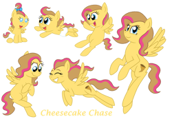 Size: 1024x707 | Tagged: safe, artist:crazynutbob, oc, oc:cheesecake chase, parent:cheese sandwich, parent:pinkie pie, parents:cheesepie, species:pegasus, species:pony, adult, baby, bow, diaper, female, filly, flying, foal, growing up, hair bow, mare, multicolored hair, offspring, teenager