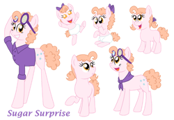 Size: 1024x710 | Tagged: safe, artist:crazynutbob, oc, oc:sugar surprise, parent:cheese sandwich, parent:pinkie pie, parents:cheesepie, species:pony, adult, baby, bandana, bow, button, clothing, diaper, female, filly, foal, goggles, growing up, hair bow, mare, neckerchief, offspring, pigtails, shirt, teenager