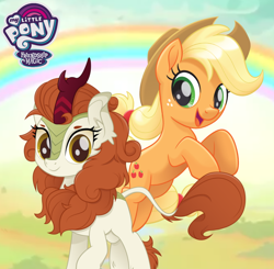 Size: 1000x981 | Tagged: safe, artist:joemasterpencil, character:applejack, character:autumn blaze, species:earth pony, species:kirin, species:pony, episode:sounds of silence, g4, my little pony: friendship is magic, season 8, spoiler:s08, applejack's hat, clothing, cowboy hat, cute, duo, ear fluff, female, freckles, friendship, hair tie, hat, horn, leaping, leonine tail, looking at you, mare, movie, movie accurate, my little pony logo, open mouth, outdoors, ponytail, raised hoof, scales, smiling, standing, stetson, version