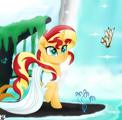 Size: 5600x5500 | Tagged: safe, artist:theretroart88, character:sunset shimmer, species:pony, species:unicorn, absurd resolution, butterfly, clothing, female, mare, raised hoof, smiling, solo, water