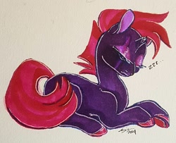 Size: 1280x1041 | Tagged: safe, artist:creeate97, character:fizzlepop berrytwist, character:tempest shadow, species:pony, broken horn, eye scar, eyes closed, female, hoof polish, horn, scar, signature, simple background, sleeping, solo, traditional art, zzz