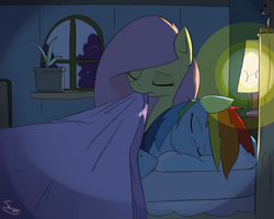 Size: 1280x1024 | Tagged: safe, artist:swomswom, character:fluttershy, character:rainbow dash, species:pegasus, species:pony, ship:flutterdash, bed, eyes closed, female, lamp, lesbian, mare, mouth hold, night, shipping, sleeping, tucking in