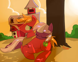 Size: 1280x1024 | Tagged: safe, artist:swomswom, character:big mcintosh, character:cheerilee, species:earth pony, species:pony, ship:cheerimac, barn, dappled sunlight, female, male, mare, pony pillow, prone, resting, shipping, sleeping, stallion, straight, tree