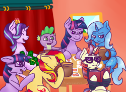 Size: 3850x2800 | Tagged: safe, artist:kiwiscribbles, character:moondancer, character:spike, character:starlight glimmer, character:sunset shimmer, character:trixie, character:twilight sparkle, character:twilight sparkle (alicorn), character:twilight sparkle (scitwi), species:alicorn, species:dragon, species:pony, species:unicorn, card, counterparts, crown, equestria girls ponified, female, floppy ears, gambling, glasses, jewelry, mare, money, poker, ponified, regalia, sitting, smiling, twilight's counterparts, unicorn sci-twi, wavy mouth
