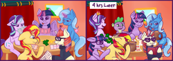 Size: 4000x1420 | Tagged: safe, artist:kiwiscribbles, character:moondancer, character:spike, character:starlight glimmer, character:sunset shimmer, character:trixie, character:twilight sparkle, character:twilight sparkle (alicorn), character:twilight sparkle (scitwi), species:alicorn, species:dragon, species:pony, species:unicorn, book, card, cheating, counterparts, crown, equestria girls ponified, female, floppy ears, gambling, glasses, glowing horn, jewelry, levitation, magic, magical quintet, male, mare, money, playing card, poker, regalia, sitting, smiling, telekinesis, tongue out, twilight's counterparts, unicorn magic, unicorn sci-twi, wavy mouth