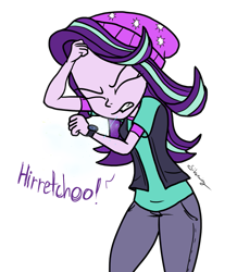 Size: 835x957 | Tagged: safe, artist:rainberry, artist:silverwing, character:starlight glimmer, my little pony:equestria girls, clothing, female, hat, jeans, nostrils, pants, sneeze cloud, sneeze spray, sneezing, watch