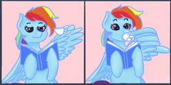 Size: 3400x1700 | Tagged: safe, artist:kiwiscribbles, character:rainbow dash, species:pegasus, species:pony, book, comic, cup, feather fingers, female, solo, teacup, wing hands, wings