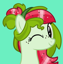 Size: 1500x1511 | Tagged: safe, artist:pilot231, oc, oc only, oc:watermelana, species:pony, bust, female, freckles, mare, one eye closed, portrait, vector, wink