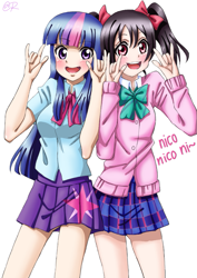 Size: 545x770 | Tagged: safe, artist:tastyrainbow, character:twilight sparkle, my little pony:equestria girls, anime, blushing, clothing, cute, devil horn (gesture), human coloration, love live! school idol project, miniskirt, moe, nico nico nii, nico yazawa, pigtails, pleated skirt, skirt