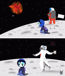 Size: 4000x4680 | Tagged: safe, artist:wheatley r.h., oc, oc only, oc:sturdy diablo, species:bat pony, species:pony, comic:sturdy oddity, 2 panel comic, arsenic tank, astronaut, bat pony oc, clothing, comic, cosmonaut, crater, earth shattering kaboom, end of the world, explosion, flag, hair, hand, lab coat, looking up, male, monolith, moon, nitrogen tank, on the moon, oxygen tank, planet, plasma ball, portal (valve), portal 2, sad, satellite, sequence, shocked, sitting, space, space suit, spanish, spanish text, sputnik, stars, torn clothes, translated in the description, two toned mane, vector, watermark, wheatley