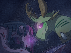 Size: 2732x2048 | Tagged: safe, artist:percy-mcmurphy, character:thorax, character:twilight sparkle, species:changeling, species:reformed changeling, ship:twirax, blood, crack shipping, cut, female, green blood, injured, interspecies, looking at each other, male, rain, shipping, straight