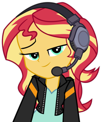 Size: 5009x6043 | Tagged: safe, artist:keronianniroro, character:sunset shimmer, episode:game stream, g4, my little pony: equestria girls, my little pony:equestria girls, spoiler:eqg series (season 2), absurd resolution, clothing, female, gamer sunset, headset, jacket, leather jacket, looking at you, simple background, smug, smugset shimmer, solo, transparent background, vector