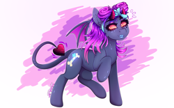 Size: 3480x2160 | Tagged: safe, artist:aaa-its-spook, oc, oc:spook, species:demon pony, species:pony, eyeshadow, female, freckles, glowing eyes, horns, lipstick, makeup, monster pony, solo, tattoo