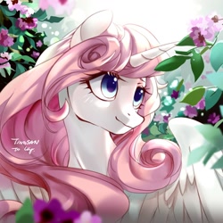 Size: 1280x1280 | Tagged: safe, artist:tingsan, oc, oc only, species:alicorn, species:pony, alicorn oc, bust, female, flower, mare, not celestia, pink hair, portrait, smiling, solo