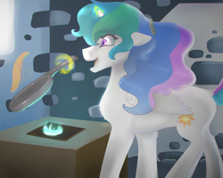 Size: 2300x1840 | Tagged: safe, artist:mylittlegodzilla, character:princess celestia, species:alicorn, species:pony, cooking, female, food, frying pan, kitchen, mare, pancakes, smiling, solo