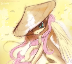 Size: 969x856 | Tagged: safe, artist:hinoraito, character:fluttershy, badass, badass adorable, clothing, conical hat, cute, female, flutterbadass, hat, samurai, solo