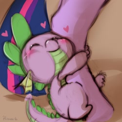 Size: 1000x1000 | Tagged: safe, artist:hinoraito, character:spike, character:twilight sparkle, species:dragon, species:pony, baby, baby dragon, blushing, clinging, cute, eyes closed, female, heart, hnnng, hug, leg, male, mare, signature, smiling, solo focus, spikabetes, tail