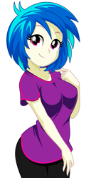 Size: 773x1600 | Tagged: safe, artist:rosemile mulberry, character:dj pon-3, character:vinyl scratch, my little pony:equestria girls, breasts, clothing, cute, female, pants, shirt, simple background, smiling, solo, vinylbetes, white background