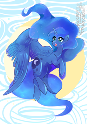 Size: 3000x4294 | Tagged: safe, artist:bigbuxart, character:princess luna, species:alicorn, species:pony, anatomically incorrect, cute, female, flying, incorrect wing anatomy, lunabetes, mare, what is anatomy, wings