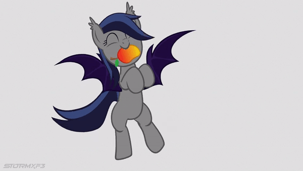 Size: 600x338 | Tagged: safe, artist:stormxf3, oc, oc only, oc:echo, species:bat pony, species:pony, animated, bat pony oc, bipedal, cute, dancing, ear tufts, eyes closed, female, food, gray background, happy, hnnng, mango, mare, mouth hold, nom, ocbetes, simple background, smiling, solo, spread wings, that batpony sure does love mangoes, that pony sure does love fruits, weapons-grade cute, wings