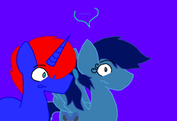 Size: 1033x702 | Tagged: safe, artist:eeveeglaceon, oc, oc only, oc:assassin, oc:old assassin, oc:swashbuckle, species:pony, ..., 38, 80, aqua coat, aqua eye, aqua hair scrunchie, blue background, blue coat, blue eye, color change, darkened coat, darkened hair, duo, duo male and female, indigo background, inverted, inverted colors, needs more saturation, pegasus oc, petrification, ponytail, purple background, royal blue hair, sidemouth, simple background, tumblr, tumblr:the sun has inverted, unicorn oc, violet background, wide eyes, word balloon, word bubble