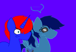 Size: 1033x702 | Tagged: safe, artist:eeveeglaceon, oc, oc only, oc:assassin, oc:old assassin, oc:swashbuckle, species:pony, ..., 380, 8(, aqua coat, aqua eye, aqua hair scrunchie, blue background, blue coat, color change, corrupted, darkened coat, darkened hair, duo, duo male and female, indigo background, inverted, inverted colors, needs more saturation, pegasus oc, petrification, ponytail, possessed, possession, purple background, royal blue hair, scared, sidemouth, simple background, tumblr, tumblr:the sun has inverted, unicorn oc, violet background, wide eyes, word balloon, word bubble