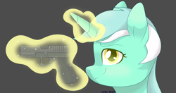 Size: 4096x2160 | Tagged: safe, artist:ev04kaa, rcf community, character:lyra heartstrings, species:pony, species:unicorn, cute, female, glock, glock 17, gun, looking at you, lyrabetes, magic, pistol, solo, weapon