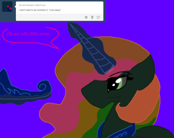 Size: 1074x854 | Tagged: safe, artist:eeveeglaceon, character:princess celestia, species:alicorn, species:pony, ask, blue background, color change, crown, darkened coat, female, glowing horn, green eye, implied inversion, indigo background, invert princess celestia, inverted, inverted colors, inverted princess celestia, jewelry, purple background, rainbow hair, regalia, sidemouth, simple background, solo, tiara, tumblr, tumblr:the sun has inverted, violet background, word balloon, word bubble