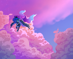 Size: 1305x1051 | Tagged: safe, artist:rossignolet, character:princess luna, species:alicorn, species:pony, cloud, color porn, detailed background, eyestrain warning, female, flying, looking up, mare, markings, redesign, solo, stars, two toned wings