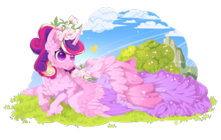 Size: 1577x996 | Tagged: safe, artist:rossignolet, character:princess cadance, species:alicorn, species:pony, alternate hairstyle, beautiful, butterfly, chest fluff, cloud, curly mane, cute, cutedance, dawwww, ear fluff, female, flower, flower in hair, fluffy, meadow, missing accessory, neck fluff, scenery, smiling, solo, unshorn fetlocks, wingding eyes