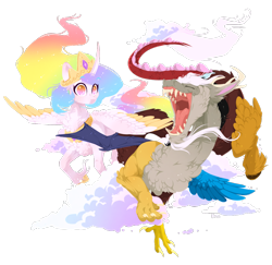 Size: 1270x1232 | Tagged: safe, artist:rossignolet, character:discord, character:princess celestia, species:alicorn, species:draconequus, species:pony, chest fluff, cloud, collar, colored wings, colored wingtips, ear fluff, ethereal mane, flowing mane, flying, friendship, jewelry, laughing, neck fluff, necklace, open mouth, regalia, sparkles, surprised, wingding eyes