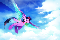Size: 1500x1000 | Tagged: safe, artist:skyeypony, character:twilight sparkle, character:twilight sparkle (alicorn), species:alicorn, species:pony, friendship is magic: rainbow roadtrip, g4, my little pony: friendship is magic, cloud, colored wings, female, flying, looking away, mare, open mouth, sky, smiling, solo, spoiler, spread wings, wings