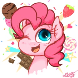 Size: 1280x1280 | Tagged: safe, artist:phoenixrk49, character:pinkie pie, species:pony, blushing, bust, candy, chocolate, cute, diapinkes, female, food, heart, ice cream, lollipop, mare, one eye closed, open mouth, portrait, signature, solo, sprinkles, stars, strawberry, wink