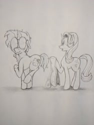 Size: 3120x4160 | Tagged: safe, artist:rocket-lawnchair, artist:sonicontinuum, character:starlight glimmer, character:sunburst, species:pony, species:unicorn, blushing, cape, clothing, duo, female, glasses, male, mare, monochrome, nudity, pencil drawing, robe, stallion, sunburst's robe, traditional art, wardrobe malfunction, we don't normally wear clothes