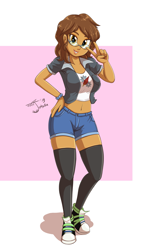Size: 2795x4738 | Tagged: safe, artist:jeglegator, commissioner:imperfectxiii, oc, oc only, oc:chestnut quill, oc:copper plume, my little pony:equestria girls, belly button, bracelet, breasts, clothing, commission, converse, female, freckles, glasses, hand on hip, jacket, jewelry, lipstick, looking at you, midriff, peace sign, rule 63, shoes, shorts, smiling, sneakers, socks, solo, thigh highs, zettai ryouiki