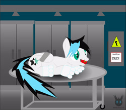 Size: 2935x2552 | Tagged: safe, artist:wheatley r.h., oc, oc only, oc:sturdy diablo, species:pegasus, species:pony, clothing, cutie mark, duct tape, folded wings, food, gloves, green eyes, hair, implied vore, kitchen, lying down, male, mouth hold, pegasus oc, pegasus wings, refrigerator, single panel, solo, switch box, tail, teeth, tied, tomato, two toned mane, two toned tail, vector, watermark, wheel, white fur, wings