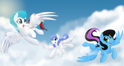 Size: 1600x860 | Tagged: safe, artist:itstaylor-made, oc, oc only, oc:snow pup, unnamed oc, species:pegasus, species:pony, cloud, flying, smiling, wings