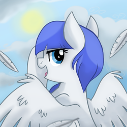 Size: 400x400 | Tagged: safe, artist:itstaylor-made, oc, oc:snow pup, species:pegasus, species:pony, cloud, feather, flying, profile picture, sun, wings