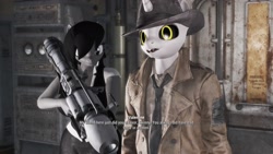 Size: 1920x1080 | Tagged: safe, artist:defector, oc, oc:padi, species:anthro, species:pony, species:unicorn, 3d, clothing, fallout, fallout 4, hat, horn, nick valentine, pipboy, rocket launcher, synth