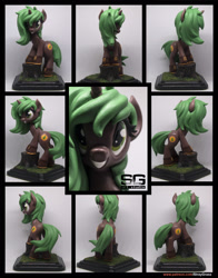 Size: 2132x2718 | Tagged: safe, artist:prodius, oc, oc only, oc:pine shine, species:pony, species:unicorn, boots, both cutie marks, craft, female, figurine, grass, hiking boots, irl, photo, sculpey, sculpture, shoes, show accurate, smiling, solo, traditional art, tree stump