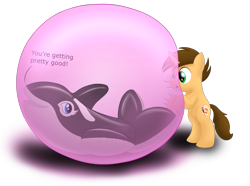 Size: 2604x1937 | Tagged: safe, artist:bladedragoon7575, oc, oc only, oc:bobby seas, oc:remmy, species:pony, species:unicorn, bipedal, bubble, bubblegum, food, gum, in bubble, inflatable, inflatable whale, orca, pool toy, simple background, transparent background, whale