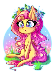 Size: 2893x3828 | Tagged: safe, artist:minamikoboyasy, character:fluttershy, species:pegasus, species:pony, butterfly, cute, eyelashes, female, flower, flower in hair, grass, mare, open mouth, shyabetes, simple background, transparent background