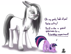 Size: 1600x1200 | Tagged: safe, artist:causticeichor, character:twilight sparkle, character:twilight sparkle (unicorn), oc, oc:inkenel, oc:oretha, species:earth pony, species:pony, species:unicorn, angry, dirty, face down ass up, female, frown, giant pony, glare, imminent violence, looking at someone, macro, male, mare, micro, open mouth, prone, science, simple background, size difference, smiling, stallion, text, this will end in pain, this will end in tears, this will end in tears and/or a journey to the moon, this will end in tears and/or in pain, this will end in violence, tiny, tiny earth pony, tiny ponies, unamused, unaware, white background, wide eyes